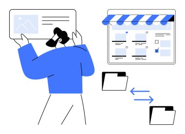 Web sayfası tutan, tenteli online içerik mağazasını yöneten, çift yönlü oklu iki klasörü olan bir adam. E-ticaret, dijital yönetim, dosya transferi, çevrimiçi mağazalar ve içerik için ideal