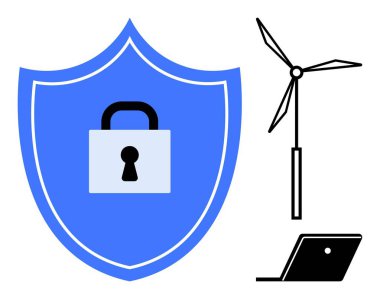 Asma kilidi olan büyük mavi kalkan güvenliği temsil ediyor. Dizüstü bilgisayarın yanındaki rüzgar türbini yenilenebilir enerji ve teknolojik yenilik öneriyor. Siber güvenlik, enerji, teknoloji, sürdürülebilirlik, koruma için ideal