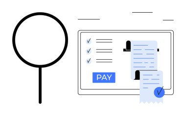 Büyüteç ekrandaki dijital faturayı Ödeme tuşu ve kontrol listesi ile analiz ediyor. E-ticaret, çevrimiçi işlemler, fatura yönetimi, mali analiz, dijital ödemeler, doğrulama için ideal