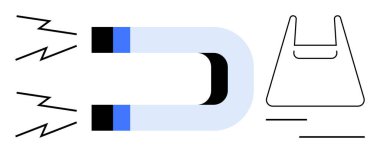 Aralıklı mavi bantlı at nalı mıknatısı hareket gösteren siyah çizgilerle belirtilmiş alışveriş torbasını çekiyor. Ticaret, cazibe, alışveriş, manyetizma, perakende, tüketici davranışı için ideal