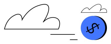 Mavi para iki bulutun altında yüzüyor. Finans, özgürlük, yatırım, büyüme, yaratıcılık, yenilik ve dijital ekonomi temaları için ideal. Temiz minimalist soyut çizgi düz metafor