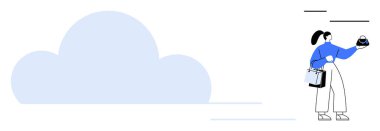 Elinde küçük bir kutu ve birden fazla alışveriş torbası olan kadın büyük bir bulutun yanında duruyor. Çevrimiçi alışveriş, bulut hesaplama, depolama, veri, dijital hizmetler, teknoloji temaları için ideal