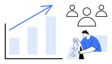 Yükselen oklu bar çizelgesi, üç kişilik bir grup ve alışveriş torbaları. İş performansı, satış büyümesi, pazarlama stratejileri, müşteri ilişkileri, ekonomik eğilimler için ideal
