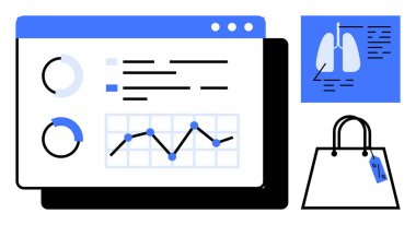 Akciğer röntgeni ve alışveriş çantasının yanında çizelge ve grafikler var. Sağlık analizleri, perakende ölçümleri, veri bilimi, performans takibi, piyasa araştırması, iş dünyası için ideal