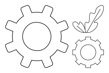 Minimalist tarzda dişliler ve yaprak hatları teknoloji ve ekolojinin birleşmesini temsil eder. Temalar için ideal çevre, sürdürülebilirlik, yenilik, teknoloji gelişimi, sanayi