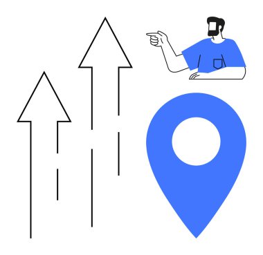 Biri işaret ediyor, yukarı doğru üç ok, mavi yer işareti. Navigasyon, ilerleme, büyüme, yön, yönlendirme stratejisi geliştirmek için ideal. Modern soyut çizgi düz metafor