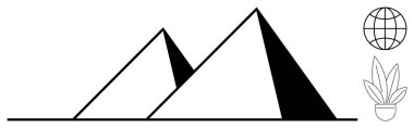 İki basit geometrik piramit, bir küre ve saksı bitkisi küresel keşfi, büyümeyi ve doğayı vurguluyor. Seyahat, eğitim, sürdürülebilirlik, eko-turizm çevre bilinci için ideal