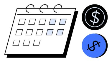 Vurgulanmış tarihler ve finansal planlamayı gösteren iki dolarlık sembollerle dolu bir takvim. Bütçe, gider takibi, ödeme tarihleri, gelir yönetimi, mali hedefler, program planlaması için ideal