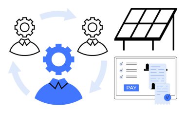 Teamwork with three gear-headed figures linked in a workflow cycle, solar panel, and a monitor displaying payment receipt and checklist. Ideal for teamwork, renewable energy, digital transactions clipart