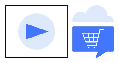 Kare şeklinde oynat, alışveriş arabası ikonu mavi bir konuşma balonunun içinde bulut sembolü olan. Çevrimiçi alışveriş, dijital pazarlama, e-ticaret platformları, video kılavuzları, bulut hizmetleri, web hizmetleri için ideal