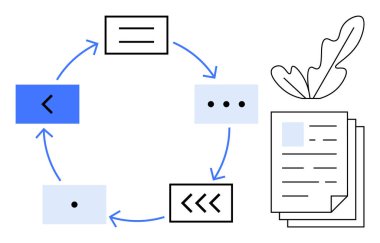 Sembolleri ve belgeleri birleştiren oklarla düzenli iş süreçlerini temsil eden dairesel iş akışı. Proje yönetimi, süreç iyileştirmesi, verimlilik, organizasyon ve iş akışı için ideal