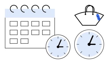 Sarmal ciltli takvim, farklı saatleri gösteren iki saat ve etiketli el çantası. Planlama, dakiklik, iş hayatı dengesi, verimlilik, zaman yönetimi, son teslim tarihleri organizasyonu için ideal