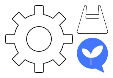 Mavi dairenin içindeki vites, alışveriş çantası ve yaprak çevresel motifleri birleştirir. Sürdürülebilirlik, çevre dostu ürünler, sanayi, ticaret, yenilik, çevre bilinci için ideal