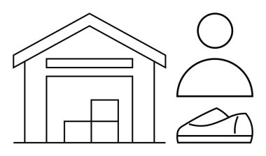 Kutuları olan depo binası, kullanıcı profili simgesi ve ticari unsurları birleştiren ayakkabı. E-ticaret, lojistik, envanter yönetimi, çevrimiçi alışveriş, müşteri profilleri, perakende ve dağıtım için ideal