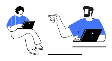 İki meslektaş uzaktan çalışma tartışması yapıyor, biri dizüstü bilgisayarda yazıyor, diğeri el kol hareketi yapıyor. Takım çalışması, iletişim, uzaktan çalışma, işbirliği, dijital bağlantı, üretkenlik teknolojisi için ideal