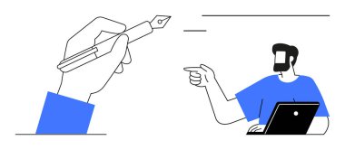 Mavi gömlekli bir adam dolma kalem tutan bir eli işaret ediyor. Yakınlarda bir dizüstü bilgisayar var. İletişim ve karar verme mekanizmasını gösteriyor. İş görüşmeleri, takım çalışması, yaratıcılık ve liderlik için ideal