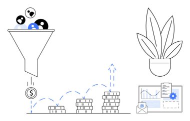 Satışlar, madeni para düşüşü ve para yığınlarının büyümesiyle tasvir edilen maddi kazanca giden kullanıcı simgeleriyle dolu. Saksı bitkisi ve analiz elementleri. İş stratejisi ve satış optimizasyonu için ideal