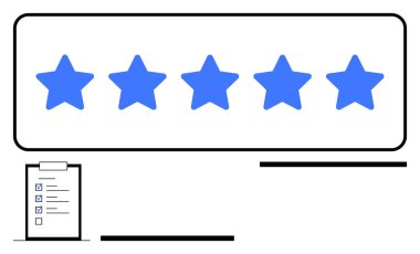 Değerlendirmeyi, hedefleri veya ilerlemeyi temsil eden bir listeyle birlikte beş mavi yıldız yüksek derecelendirme gösteriyor. İş için ideal, müşteri geribildirimi, kalite kontrolü, müşteri memnuniyeti, çevrimiçi