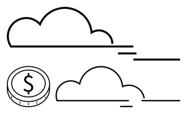 Dolar işaretli sikke ve dijital finansı, bulut hesaplamasını ve çevrimiçi ticareti vurgulayan basit bulut hatları. Fintech, kripto para birimi, tasarruflar, veri depolama, küresel ticaret, teknoloji için ideal