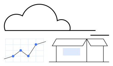 Bulutlar havada süzülüyor, yukarı doğru giden trend çizgisi ve depolama binası görüntüleriyle grafikler çiziyor. Teknoloji, veri bilimi, büyüme analizi, lojistik, yenilik, iş stratejisi soyut çizgi için ideal