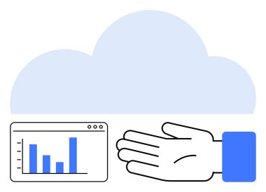 Bulut, uzanmış el ve tarayıcı penceresinde veri tablosu. Teknik destek, veri hizmetleri, bulut depolama, analitik ve dijital hizmetler için kullanıcı rehberliği için ideal. Satır metaforu