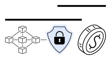 Engelleme küpleri bağlanıyor, asma kilit ile kalkan siber güvenliği temsil ediyor, dolar para dijital işlemleri simgeliyor. Finans, engelleme teknolojisi, güvenlik ve dijital ekonomi için ideal