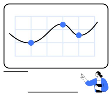 Izgara tablosunda mavi veri noktaları gösterilen çizgi çizelgesi. Sözcü veriye işaret eder. Analiz, iş stratejisi, eğitim, pazarlama, araştırma, takım çalışması, soyut çizgi düz metaforu için ideal