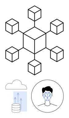 Merkezi blok çevredeki altı bloğa bağlı, veri aktarım okları olan bulut ve biyometrik yüz taraması. Engelleme zinciri, veri akışı, biyometrik, depolama, teknoloji, soyut ağlar için ideal