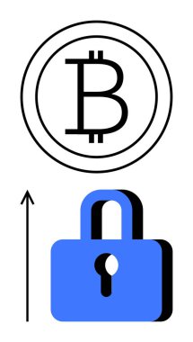 Bitcoin sembolü yukarı doğru ok ve mavi kilit şifreli para biriminde güvenliği arttırdığını gösteriyor. Finans, teknoloji, güvenlik, dijital para birimi, blok zinciri, yatırım, yenilik için ideal. Satır metaforu