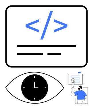 İleri geri kesikli kodlama sembolü, zaman yönetimini sembolize eden saat, fikir kavramı ve ampulü olan kişi. Kodlama, zaman yönetimi, yaratıcılık, yenilik ve teknik süreçler için ideal
