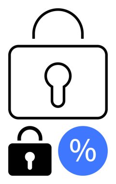 Anahtar delikli büyük asma kilit, daha küçük asma kilit siyah, yüzde işaretli mavi daire. Siber güvenlik, veri koruması, mahremiyet, indirim koruması, erişim kontrolü, şifreleme güvenliği için ideal