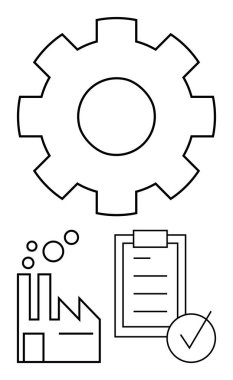 Büyük teçhizat, dumanlı fabrika, kontrol listesi ve kontrol işareti. Üretim için ideal, kalite güvencesi, üretim iş akışı, endüstriyel süreçler, verimlilik zinciri soyut hat düz metafor