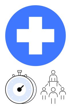 Sağlık için mavi haç sembolü, acil durum için kronometre, takım çalışması için hiyerarşi diyagramı. Sağlık, zaman yönetimi, acil durum hizmetleri, liderlik, verimlilik, soyut hat planlaması için ideal