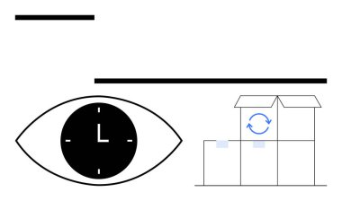 Saatli bir göz, yatay çizgiler ve zaman izleme, iş akışı, verimlilik, proje organizasyonu, döngüsel işlemler, tedarik zinciri ve soyut fikirleri tasvir eden bisiklet sembollü kutular. İdeal