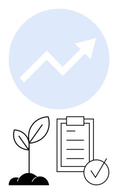 İlerlemeyi simgeleyen yukarı ok, büyümek için filizlenen bitki, işaretli kontrol listesi. Başarı, planlama, üretkenlik, sürdürülebilirlik, başarı, iş geliştirme soyut çizgisi için ideal