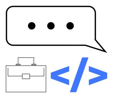 Konuşma balonu iletişimi simgeler, iş ya da iş için evrak çantası, teknoloji için kod parantezi. İdeal mesajlaşma uygulamaları, iş temaları, teknoloji projeleri, işbirliği, dijital araçlar, içerik