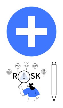 Simgeler tarafından sembolize edilen risk faktörlerini incelemek için büyüteç kullanan, kalın artı işareti ve dikey kalemle çerçevelenmiş bir kadın. Analiz, sorun çözme, strateji, sağlık, finans, risk yönetimi için ideal