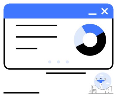 Web interface displaying a pie chart, text lines, and navigation dots. Small abstract figure juggling tasks. Ideal for data analysis, workflow, productivity, dashboards, teamwork business abstract clipart