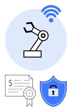 Kablosuz sinyal altında robot kol, mühürlü sertifika ve kalkanda asma kilit. Teknoloji için ideal, Endüstri 4.0, güvenlik, otomasyon bağlantı sertifikası akıllı üretim. Soyut