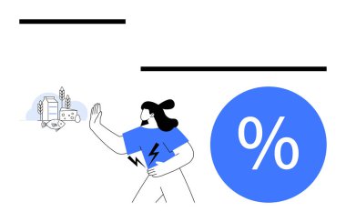 Mavi gömlekli kadın, tarım elementlerine el kol hareketi yapıyor. Tohumları ve sütü parmakla işaretliyor. Büyük bir yüzdelik sembolün yanında. Tarım, ekonomi, sürdürülebilirlik, finans, pazarlama ve gıda sektörü için ideal