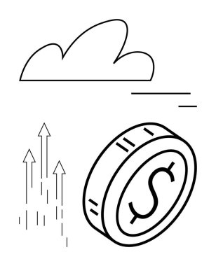 Yükselen oklar ve soyut bulutlar ile havaya doğru eğilen dolar sikkesi, finansal büyüme, ticari başarı, yatırım, kâr, servet, hedef başarı ve temiz bir anlayışın ekonomik içgörüsünü temsil eder.