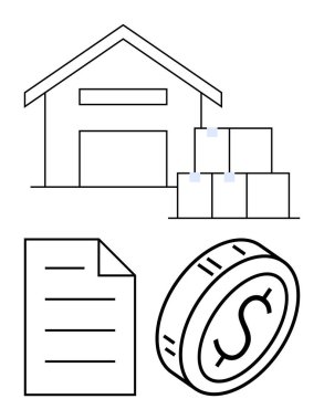 Kutular, kağıt belgeler ve bir dolarlık paralarla dolu bir depo. İkmal zinciri, envanter yönetimi, lojistik, finansal planlama, depolama çözümleri iş kavramları ve ekonomi için idealdir. Soyut çizgi
