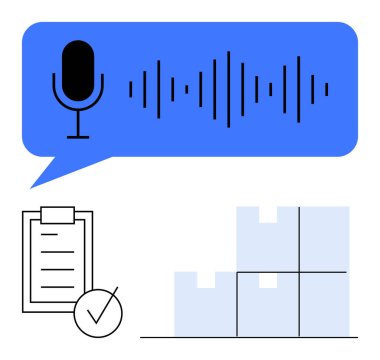 Konuşma balonunda ses dalgası olan mikrofon, görev kontrol listesi, yığılmış envanter kutuları. Otomasyon için ideal, lojistik, üretkenlik, yapay zeka araçları, depo operasyonları, görev planlama düz metaforu