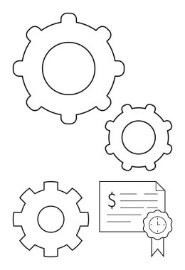 Damgalı sertifikanın yanında üç farklı boyutta vites. Yenilik, mekanik süreçler, kalite güvencesi, sertifika, ilerleme, başarı ve verimlilik için ideal. Soyut satır düzlüğü