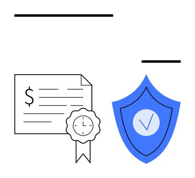 Maddi başarıyı temsil eden dolar işareti ve saat şeridi sertifikası. Üzerinde güvenlik ve güveni simgeleyen işaret olan mavi bir kalkan. Finans, sertifika, başarı ve güvenlik için ideal