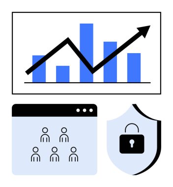 Ok eğilimli çubuk grafiği, takım simgeleriyle kullanıcı arayüzü ve kilitli güvenlik kalkanı. Analiz, takım çalışması, çevrimiçi güvenlik, iş stratejisi, büyüme, teknoloji soyut çizgisi için ideal