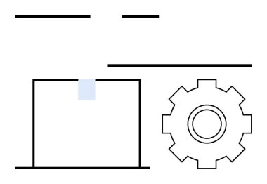 Bantla çevrili bir kutunun yanında sistemleri, iş akışını, otomasyonu ve verimliliği simgeleyen minimum çizgilerle çevrili bir vites. Lojistik, tedarik zinciri, süreç, yönetim mühendisliği optimizasyonu için ideal