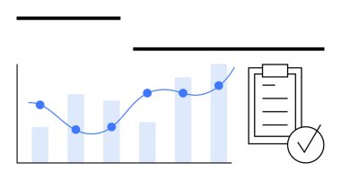 Mavi veri noktalarına sahip çizgi ve çubuk grafiği, hedefler için kontrol listesi ve tik simgesi ile birlikte büyüme kaydettiğini gösteriyor. Veri takibi, raporlar, araştırma, büyüme, değerlendirme, planlama, soyut çizgi için ideal