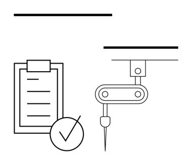 Robot kol, görev kontrol listesi ve tamamlanmış kene ile denetim altında çalışıyor. Kalite kontrolleri, imalat, otomasyon, teknoloji, üretkenlik, robotik, soyut düz metafor için ideal