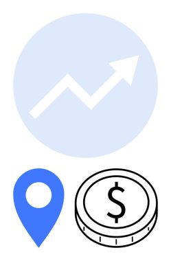 Yukarı ok büyümeyi, mavi lokasyon iğnesini ve dolar bozuk para ana hatlarını temsil ediyor. Ticari ilerlemeyi, yatırımları ve finansal başarıyı temsil ediyor. Finans, girişimler, navigasyon ve grafikler için ideal